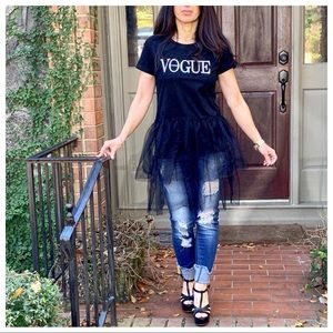 Vogue Black Tulle Layered Tunic Top With Silver Letters